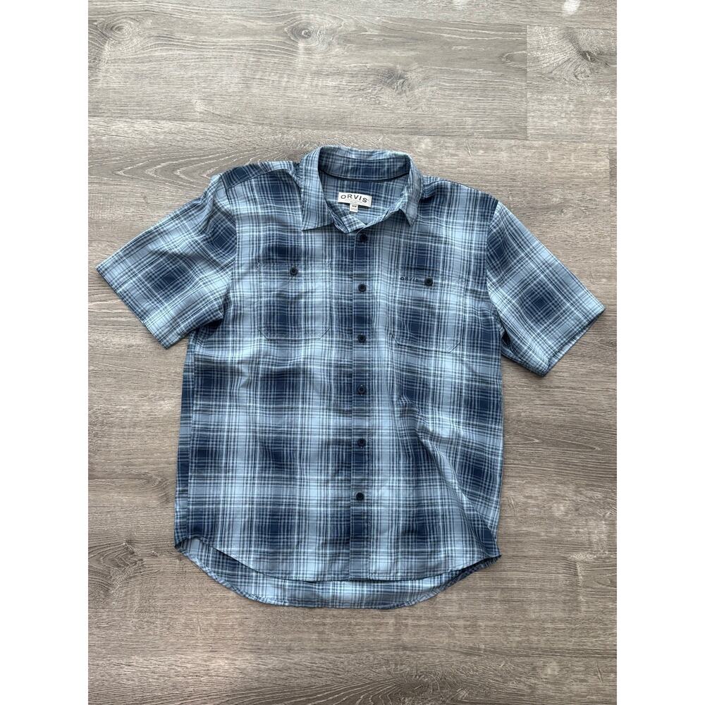 Orvis Shirt Mens Blue Plaid Short Sleeve Button Up Lightweight Medium